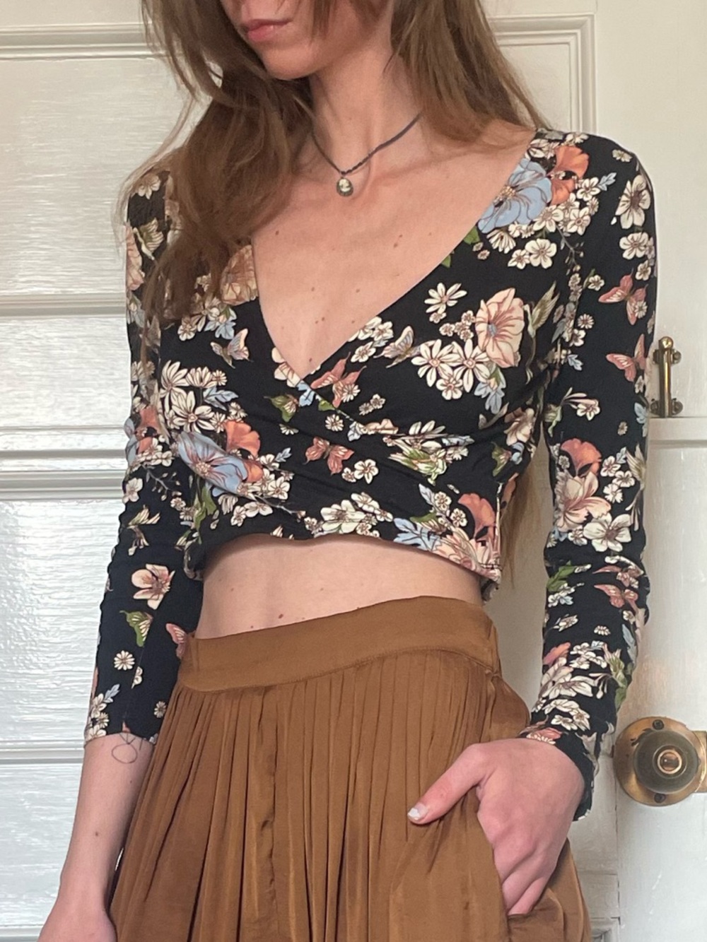 Floral Black Cropped Wrap Top